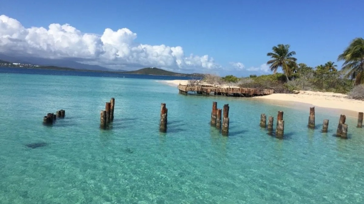 Beach with old pier pylons in turquoise water