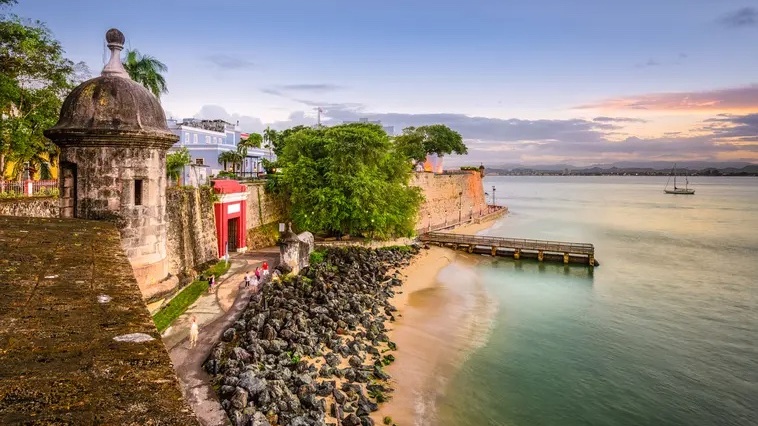 Old San Juan colonial walls and lookout at sunset